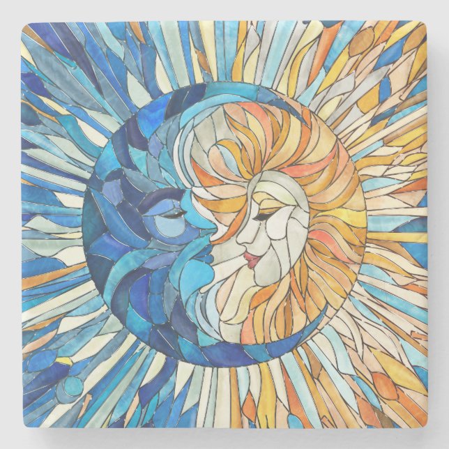 Sun and Moon Mosaic Art Stone Coaster (Front)