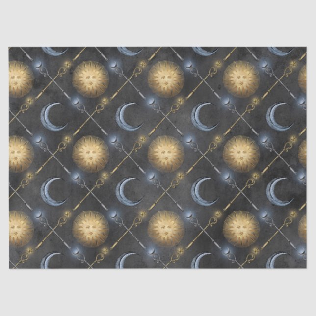 Sun and Moon Pattern on Black Decoupage Tissue Paper (Front)