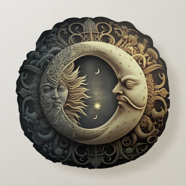 Sun and Moon Vintage Design Round Cushion (Front)
