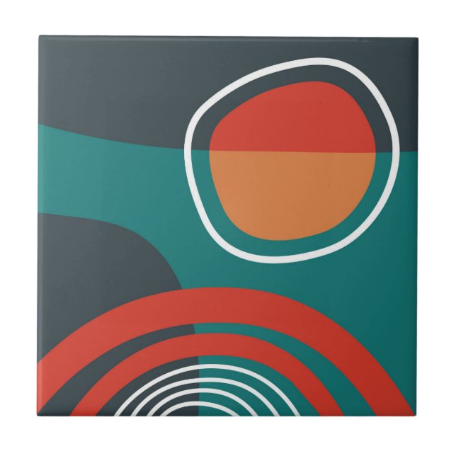 Sun and rainbow blue red white boho artwork ceramic tile (Front)