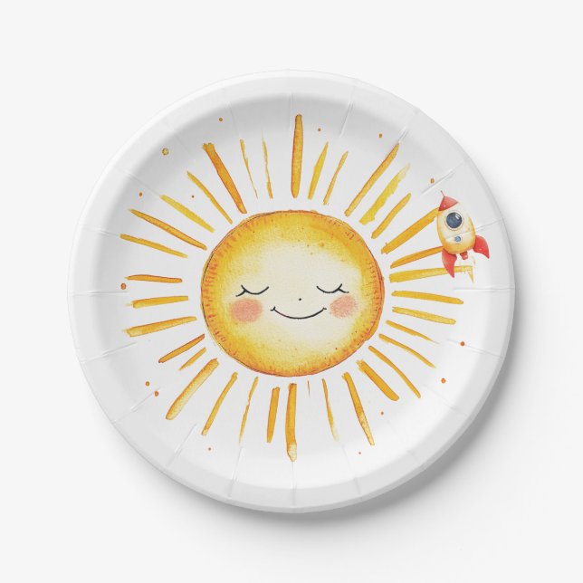 Sun and Rockets First Birthday Paper Plate (Front)