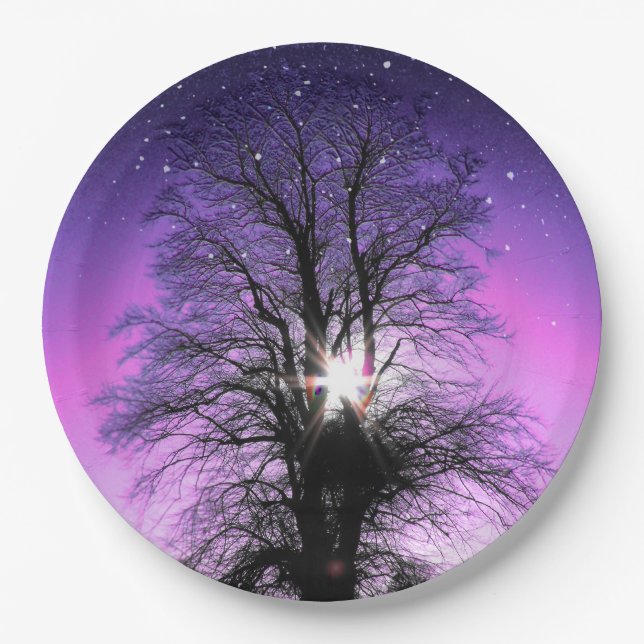 Sun and Stars Tree Purple Sky by Linandara Paper Plate (Front)