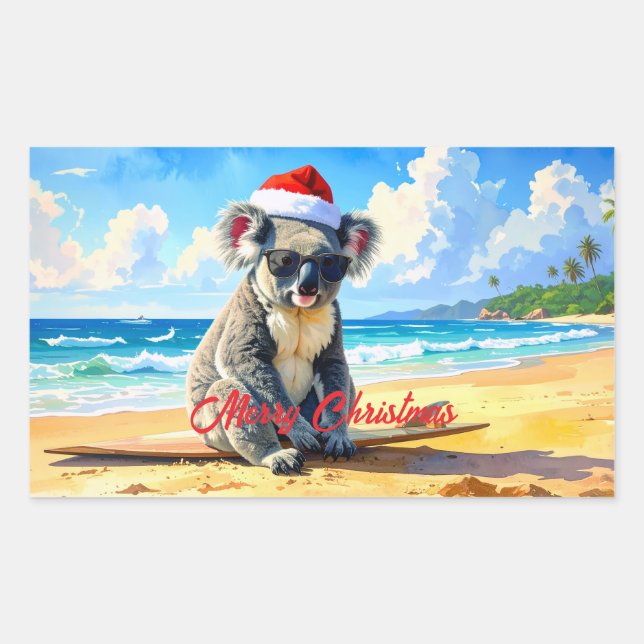 Sun and Surf Koala Santa Hat An Aussie Christmas Rectangular Sticker (Front)