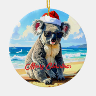 Sun and Surf Koala Santa Hat Ceramic Ornament