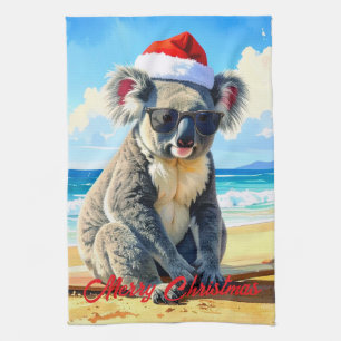 Sun and Surf Koala Santa Hat  Tea Towel