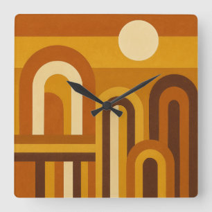 Sun & Arches Mid Century Modern Geometric Design Square Wall Clock