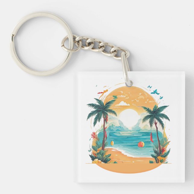 Sun Beach palm tree  Key Ring (Front)