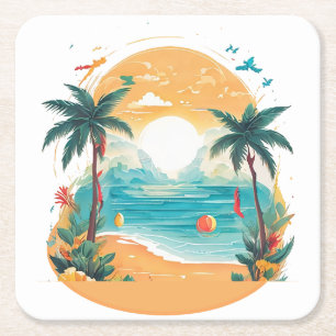 Sun Beach palm tree Square Paper Coaster
