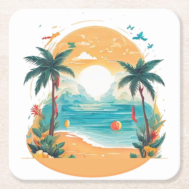 Sun Beach palm tree Square Paper Coaster (Front)