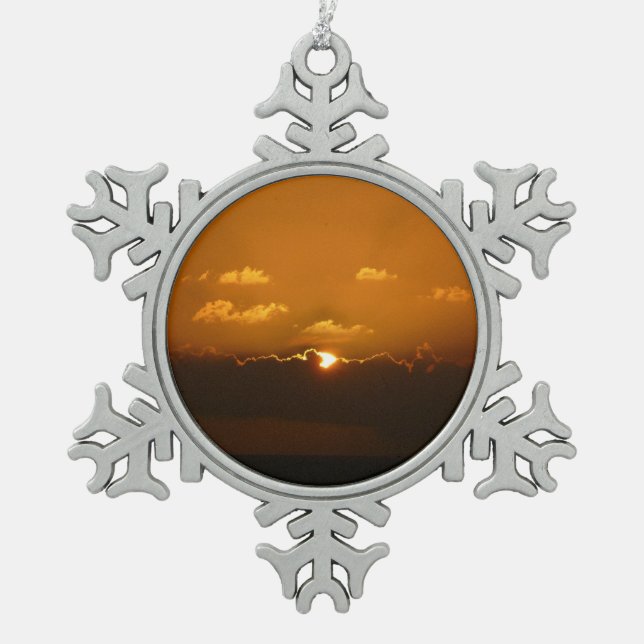 Sun Behind Clouds I Orange Sunset Photo Snowflake Pewter Christmas Ornament (Front)