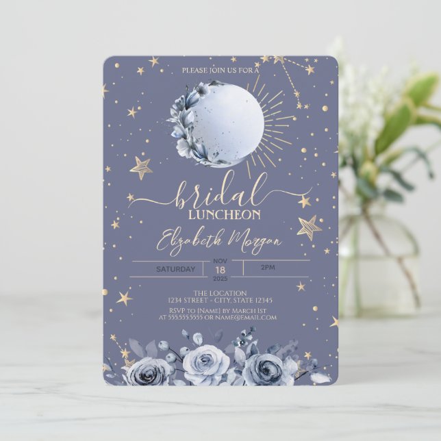 Sun,Blue Moon Roses Pastel Bridal Luncheon Invitation (Standing Front)