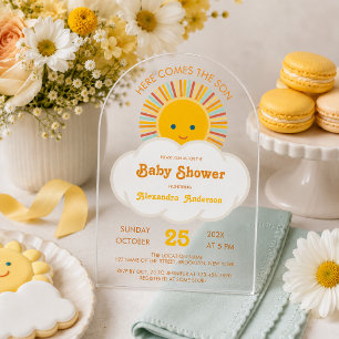 Sun Boy Baby Shower Here Comes the Son Cloud Cute Acrylic Invitations