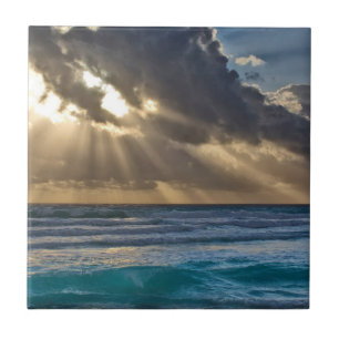 Sun Breaking Through Clouds Over Sea Ceramic Tile
