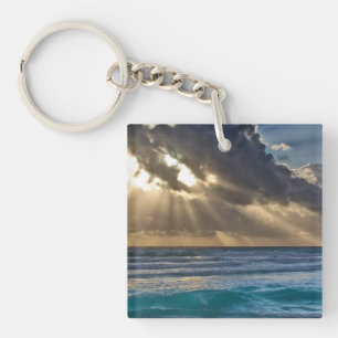 Sun Breaking Through Clouds Over Sea Key Ring