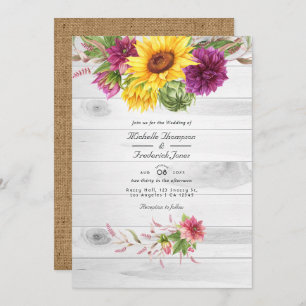 Sun & Burgundy Plum Floral Rustic QR Code Wedding Invitation