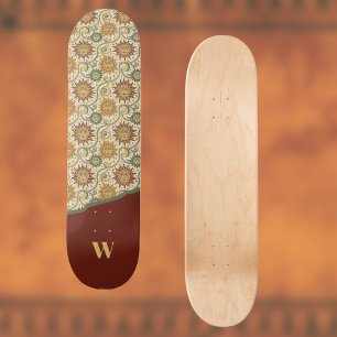 Sun Celestial Vintage Burgundy Green Gold Pattern Skateboard