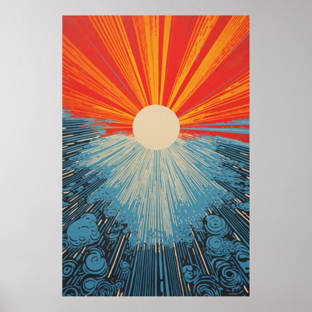 Sun Closeup Water Mosaic - Linocut Print Poster (Front)