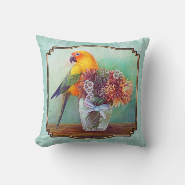 Sun conure and flowers cushion (Front)