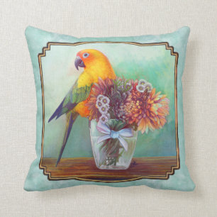 Sun conure and flowers cushion