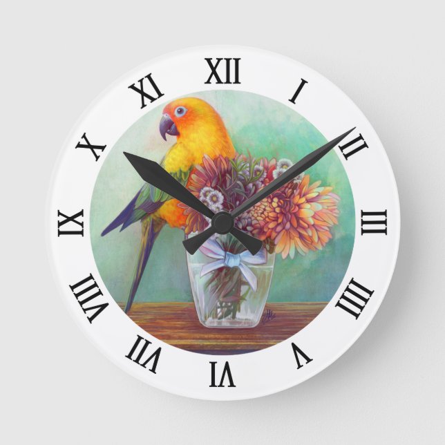 Sun conure and flowers round clock (Front)