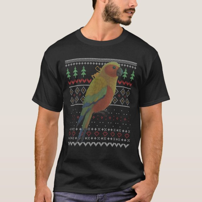Sun Conure Parrot Bird Ugly Christmas Pattern X-Ma T-Shirt (Front)