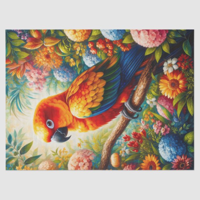 Sun Conure Parrot Colourful Flowers Decoupage Tissue Paper (Front)