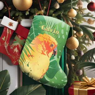 Sun Conure Parrot Pop Art Green Tropical Leaves Large Christmas Stocking