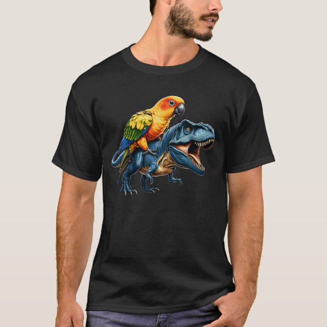 Sun Conure Parrot Riding Dinosaur Funny Bird Lover T-Shirt (Front)
