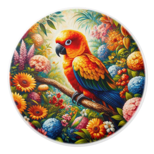 Sun Conure Parrot with Colourful Flowers Ceramic Knob (Front)