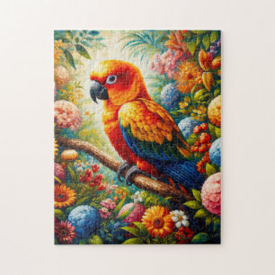 Sun Conure Parrot with Colourful Flowers Jigsaw Puzzle