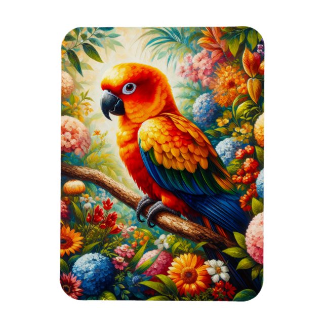 Sun Conure Parrot with Colourful Flowers Magnet (Vertical)