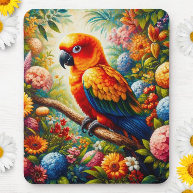 Sun Conure Parrot with Colourful Flowers Mouse Pad (Creator Uploaded)