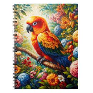 Sun Conure Parrot with Colourful Flowers Notebook
