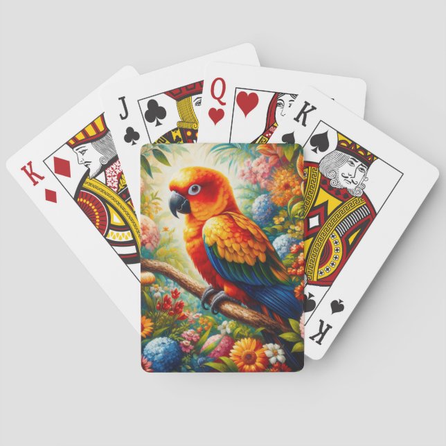 Sun Conure Parrot with Colourful Flowers Playing Cards (Back)