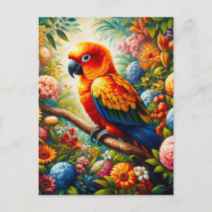 Sun Conure Parrot with Colourful Flowers Postcard