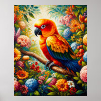 Sun Conure Parrot with Colourful Flowers