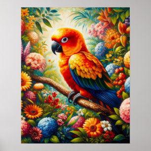 Sun Conure Parrot with Colourful Flowers Poster