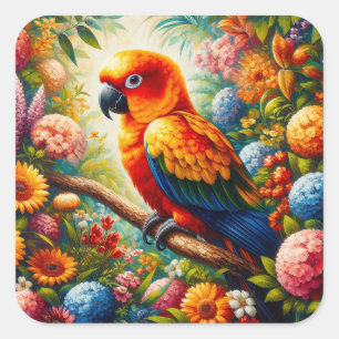 Sun Conure Parrot with Colourful Flowers Square Sticker