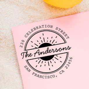 Sun & Custom Family Name Round Return Address Rubber Stamp