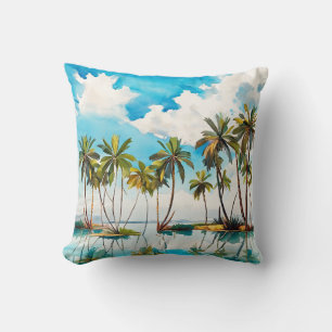 Sun Drenched Island Watercolor Palm Trees Beach v4 Cushion