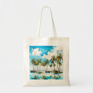 Sun Drenched Island Watercolor Palm Trees Beach v4 Tote Bag