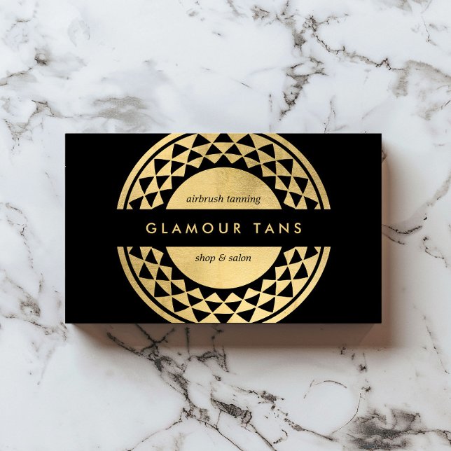 Sun Emblem Faux Gold Spray Tanning Black Business Card (Creator Uploaded)