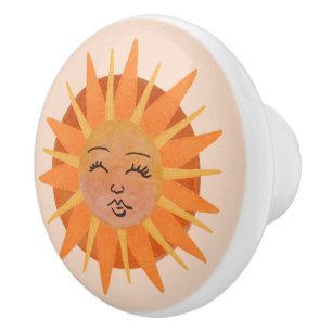 Sun Face Orange Watercolor Illustration Ceramic Knob