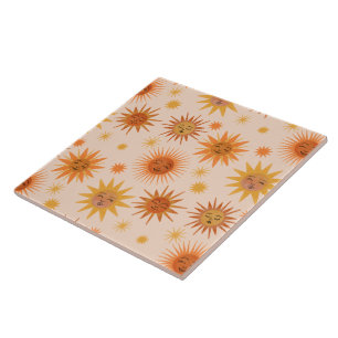 Sun Face Orange Watercolor Illustration Ceramic Tile