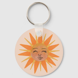 Sun Face Orange Watercolor Illustration Key Ring