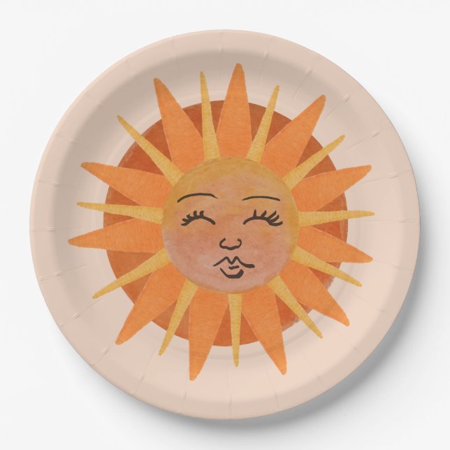 Sun Face Orange Watercolor Illustration Paper Plate (Front)