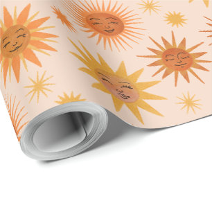 Sun Face Orange Watercolor Illustration Wrapping Paper