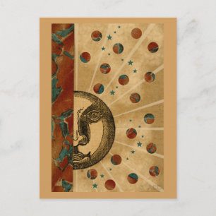Sun face, planets, and stars postcard
