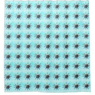 sun faces on light blue pattern shower curtain