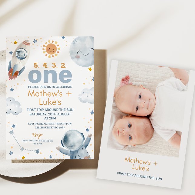 Sun First Trip Around Sun Twin Boys 1st Birthday  Invitation (First trip around the sun birthday party invitation for twins boys, Twins First Trip Around the Sun )